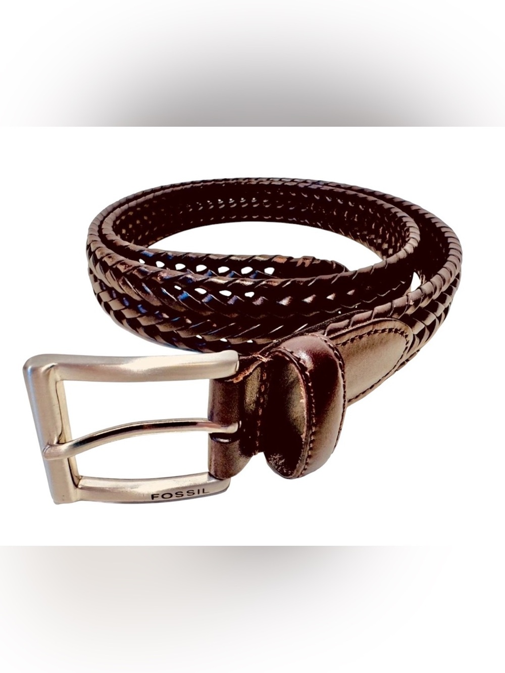 Fossil Mens Size 40 Brown Genuine Leather Braided Brushed Silver Buckle Belt